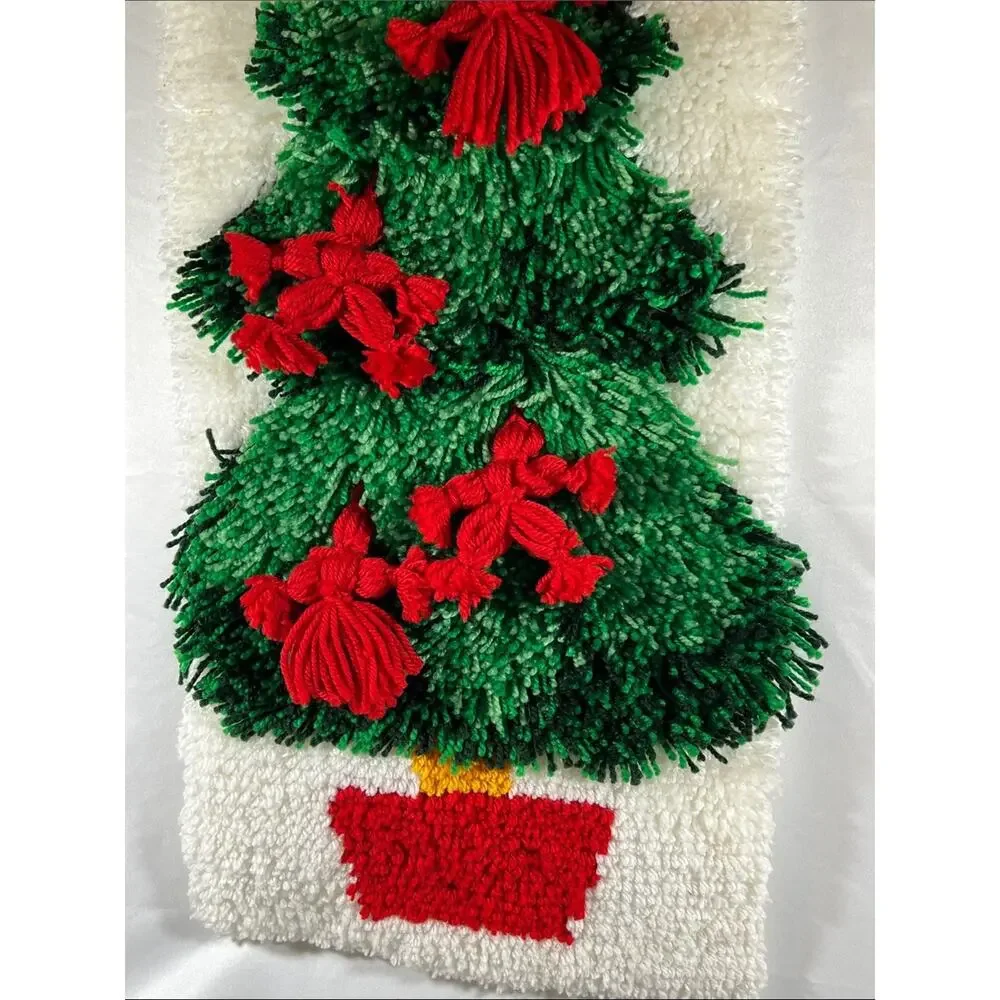 Vintage Mid Century Hand Made Christmas Tree Latch Hook Rug Wall Hanging 30x13